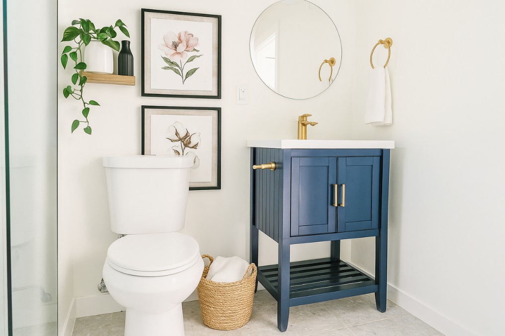 Stylish ADU bathroom with navy vanity, gold fixtures, round mirror, and tasteful décor.