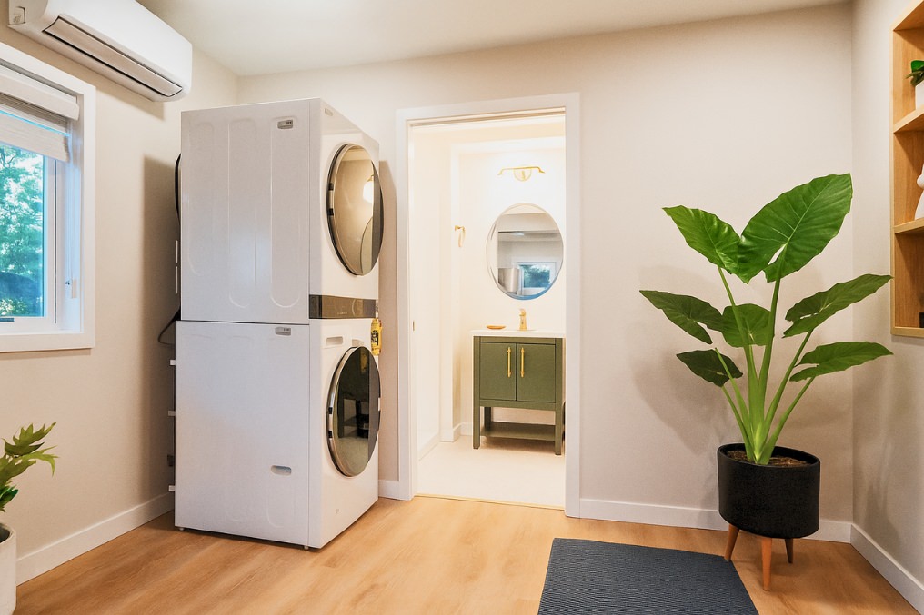 Open layout laundry space with stacked washer-dryer and view into stylish bathroom in converted studio ADU.