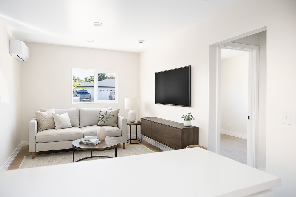 Inviting living area in garage conversion with neutral coastal decor, sofa, and natural lighting.