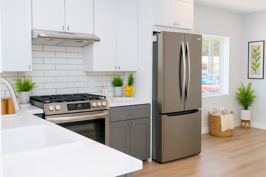 Bright kitchen interior showing modern appliances, stylish cabinetry, and coastal design touches