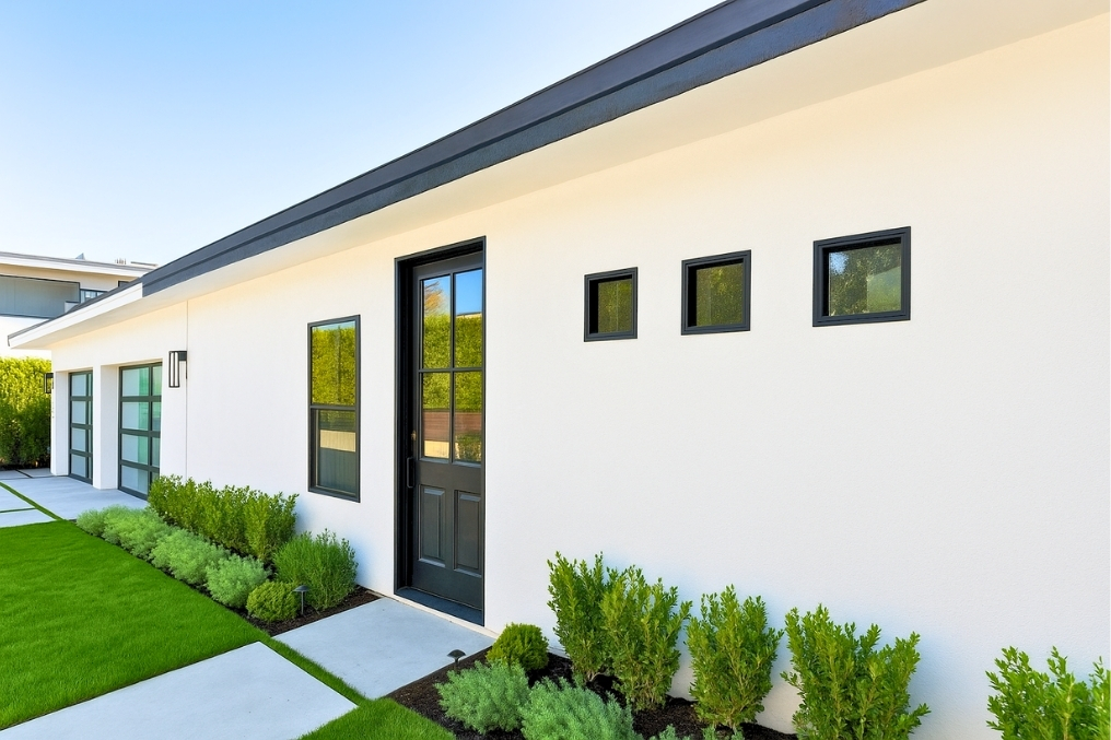 Modern white ADU exterior with clean landscaping and black-framed windows and doors.