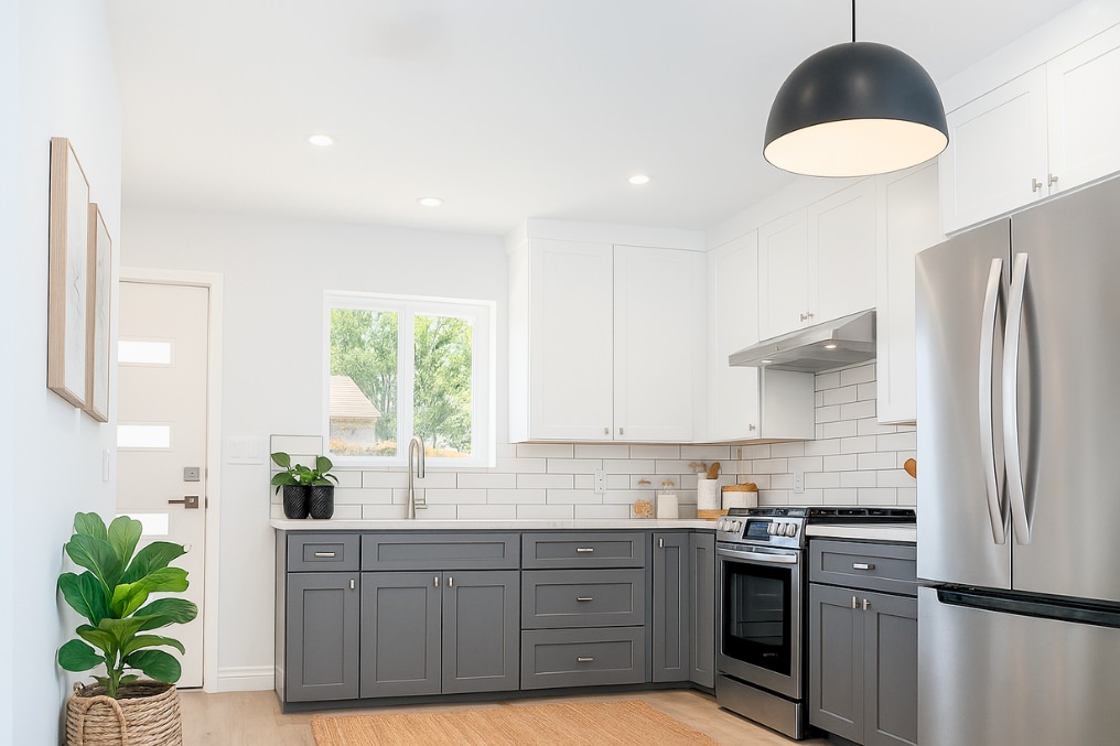Spacious modern kitchen with grey and white cabinets, stainless steel appliances, and coastal style