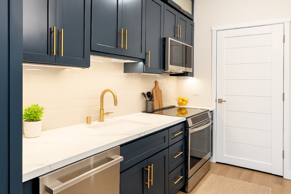 Sleek and stylish kitchen in ADU with blue cabinetry, white subway tile backsplash, and stainless steel appliances.