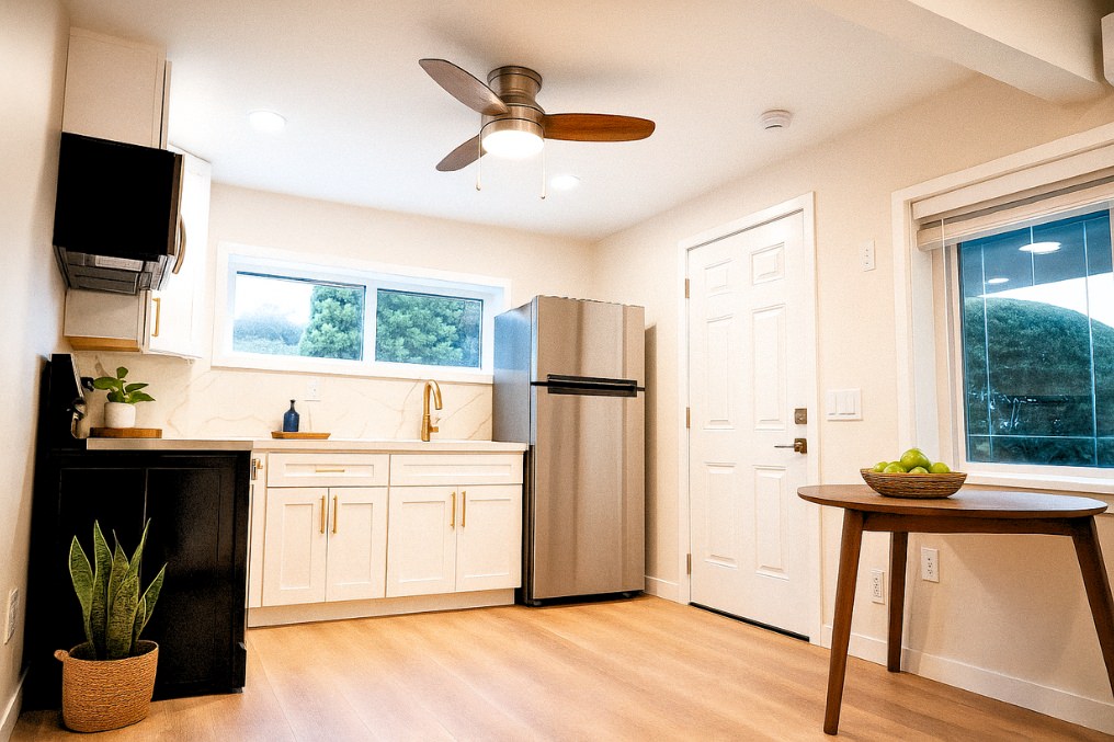 Elegant kitchenette with gold fixtures and minimalist design in a stylish studio ADU.