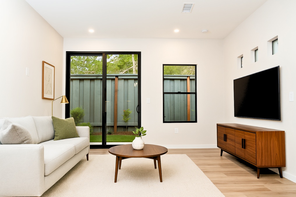 Comfortable living room in attached ADU showcasing neutral tones, sleek furniture, and large sliding glass doors.