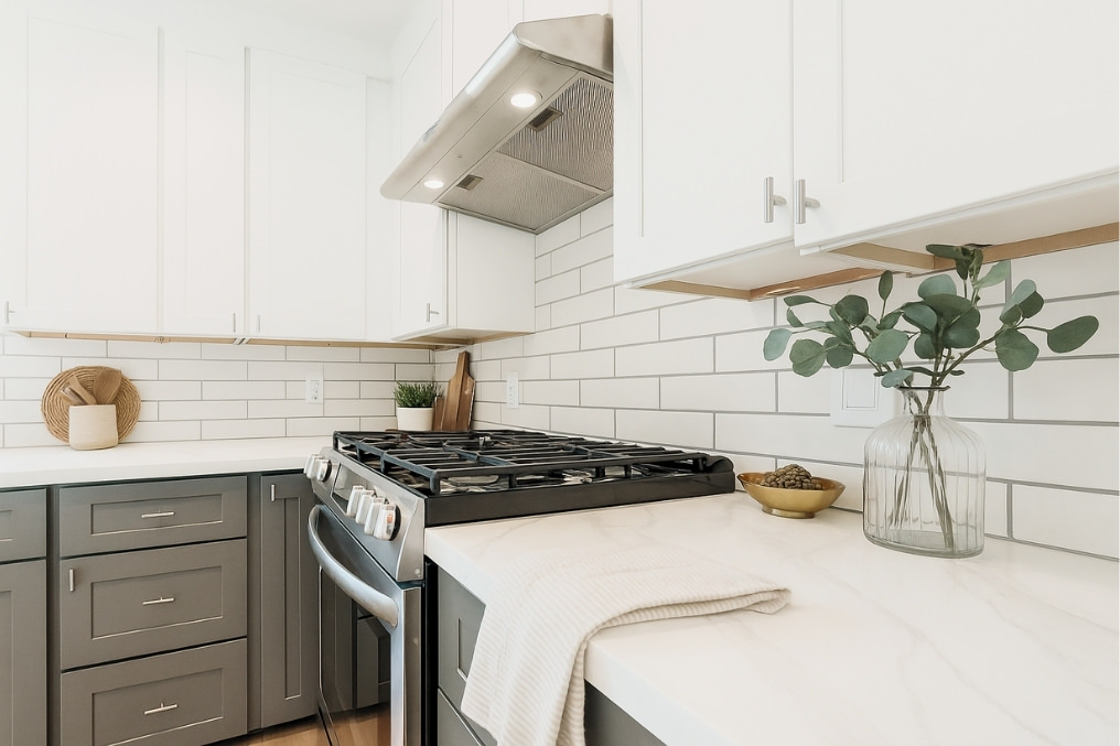 Close-up of a contemporary kitchen featuring marble countertops, white subway tile backsplash, stainless steel stove, and stylish grey and white cabinetry.