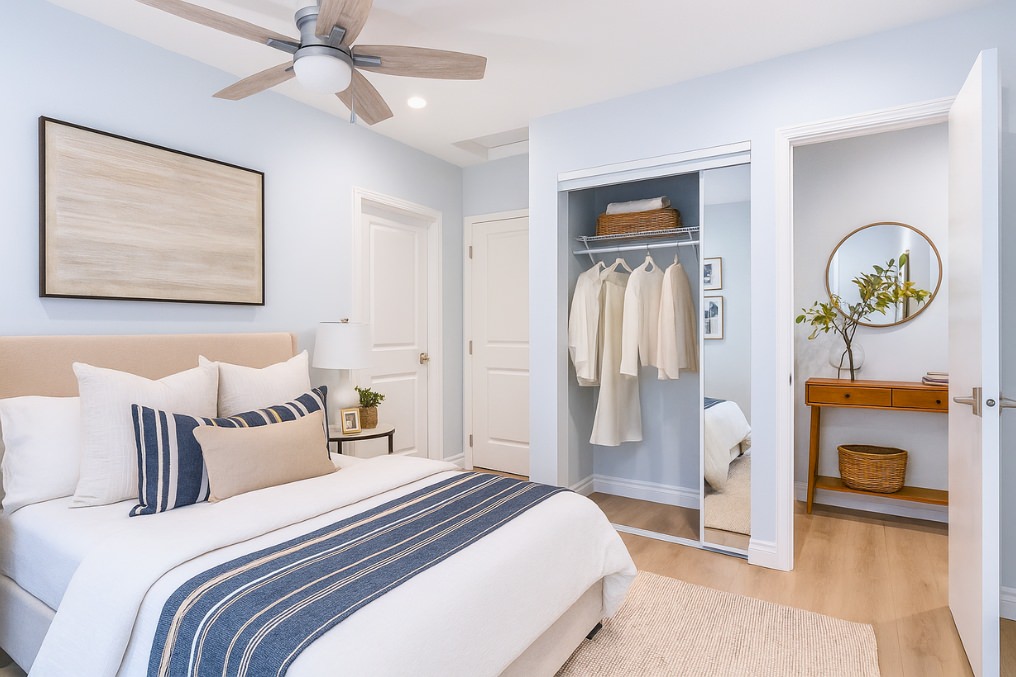 Serene and airy bedroom interior featuring neutral colors, coastal décor, and ample closet space