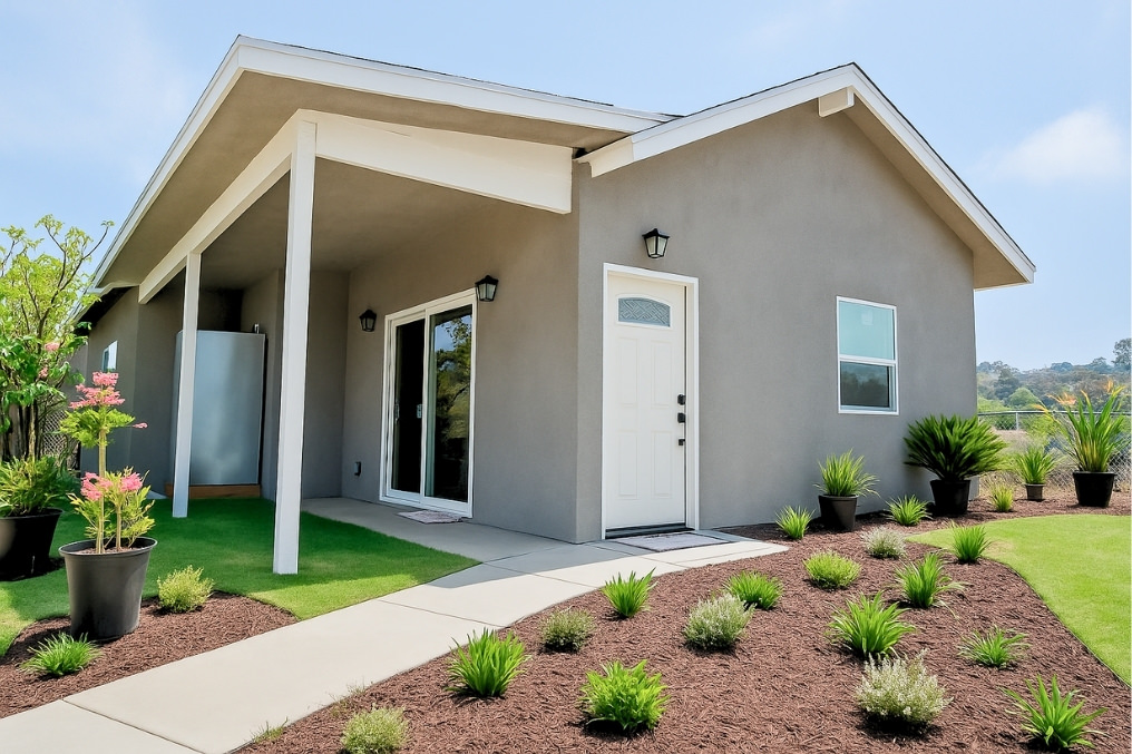 Modern detached ADU exterior featuring clean lines, landscaped garden, and welcoming entrance.