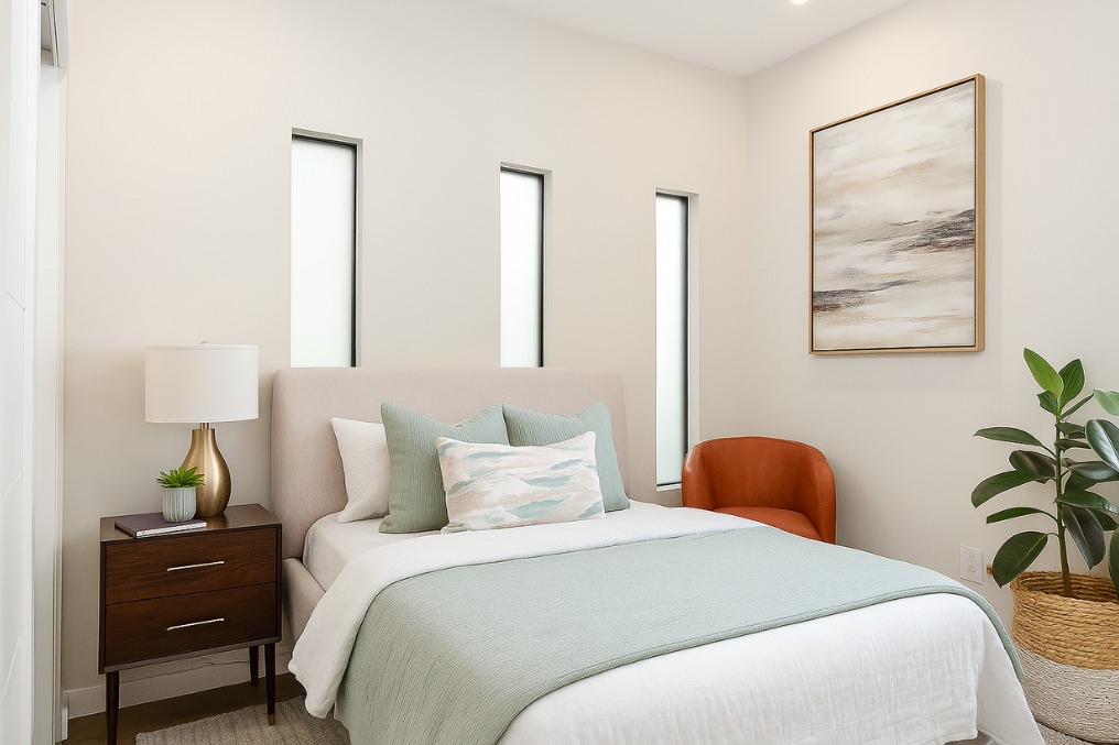Calm and stylish ADU bedroom with minimalist decor, comfortable furnishings, and narrow modern windows.