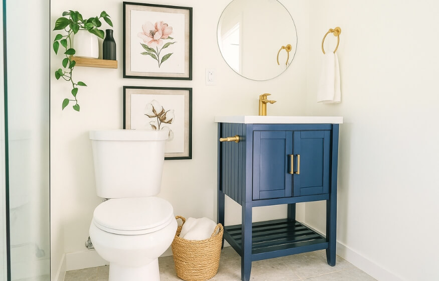 Interior design tips for a 1200 square foot ADU bathroom with blue vanity, gold fixtures, and modern décor