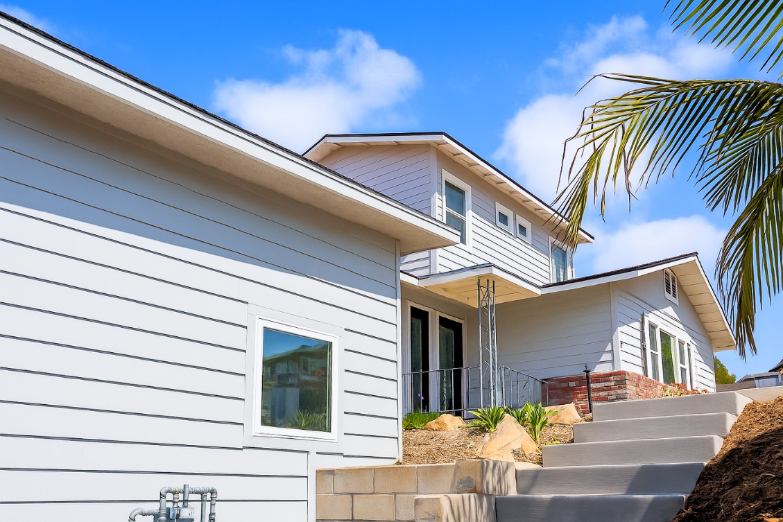 Backyard ADU with light gray siding next to two-story main house
