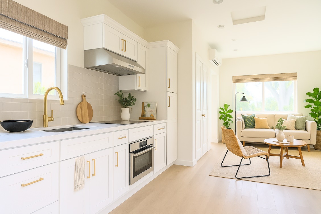 Stylish ADU galley kitchen with white cabinets, gold accents, and living room view