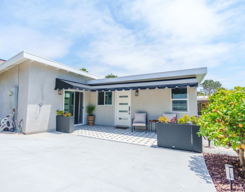 ADU with solar panels and modern roof styles, highlighting sustainable design options in Southern California.