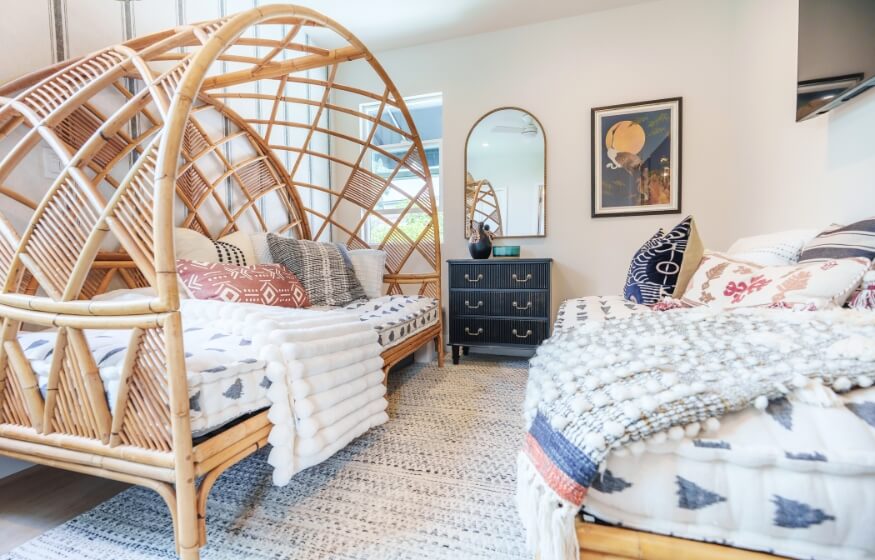 Furnished bedroom layout example for 900 sqft ADU with cozy twin beds