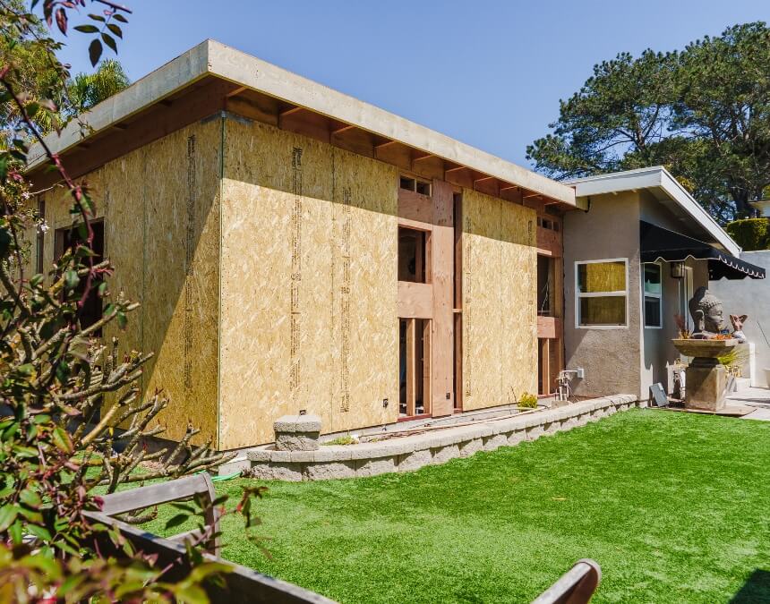 Conclusion backyard ADU addition in San Diego nearing completion with siding installed