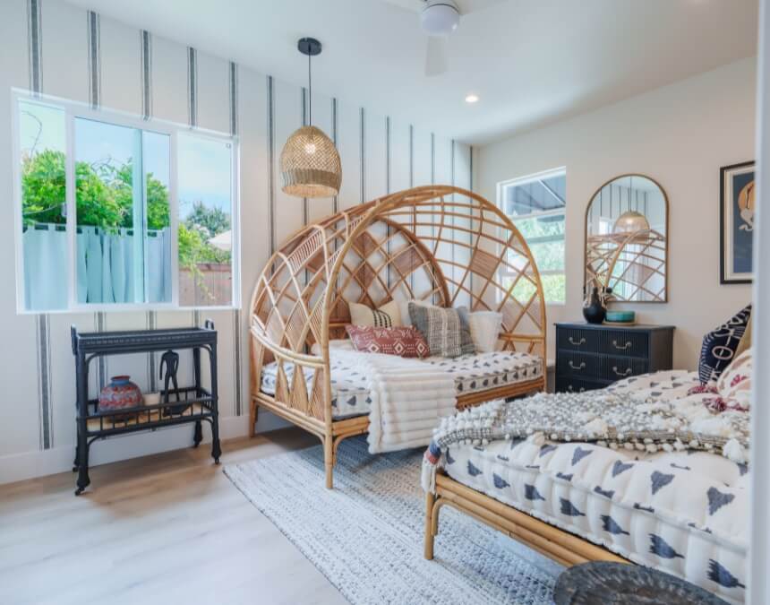 Stylish ADU bedroom interior in San Diego showcasing natural light and efficient space design.