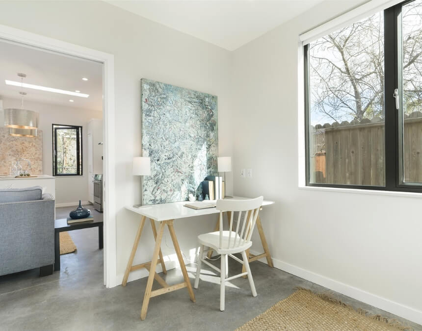 Creating an ADU Budget interior workspace and modern finish selections inside California accessory dwelling unit