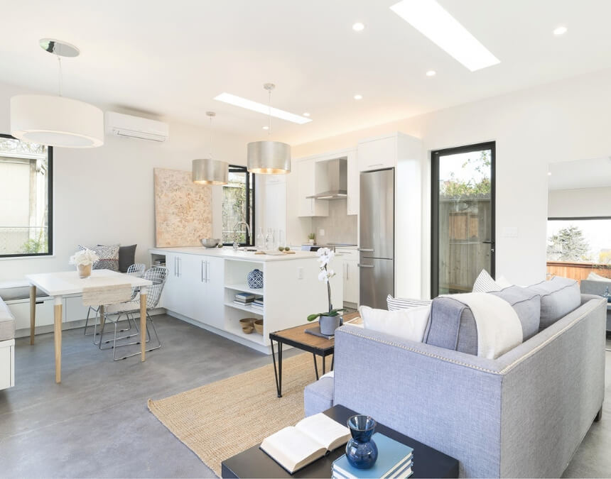 Energy efficiency upgrades for California ADUs featuring an all-electric interior with mini-split HVAC and efficient appliance layout