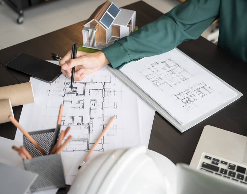 Architectural plans and blueprints for an ADU project showing early design and planning phase in California